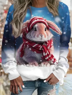 Best Women's Sweatshirt Polyester Rabbit Snowflake Street Print Casual Crew Neck Long Sleeve Micro-elastic Fall Winter Comfrt Breathable Soft Fabric Women Hoodies & Sweatshirts