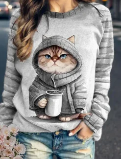 Clearance Women's Sweatshirt Pullover Cat Casual Sports Active Sportswear Funny Round Neck Long Sleeve Top Micro-elastic Fall & Winter Comfrt Breathable Soft Fabric Women Hoodies & Sweatshirts