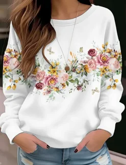 Sale Women's Sweatshirt Pullover Floral Cat Street Casual Vintage Sports Basic Round Neck Long Sleeve Top Micro-elastic Fall & Winter Comfrt Breathable Soft Fabric Women Hoodies & Sweatshirts