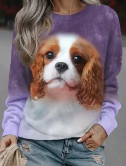 New Women's Sweatshirt Pullover Dog Casual Sports Print Sportswear Funny Round Neck Long Sleeve Top Micro-elastic Fall & Winter Comfrt Breathable Soft Fabric Women Hoodies & Sweatshirts