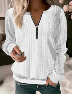 Discount Women's Sweatshirt Pullover Casual Textured Plain Dailywear Crew Neck Quarter Zip Long Sleeve Black White Red Gray Fall & Winter Women Hoodies & Sweatshirts