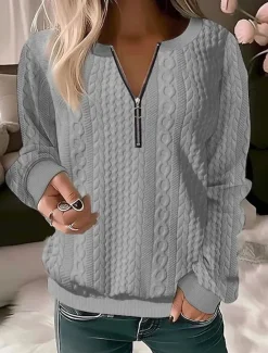 Discount Women's Sweatshirt Pullover Casual Textured Plain Dailywear Crew Neck Quarter Zip Long Sleeve Black White Red Gray Fall & Winter Women Hoodies & Sweatshirts