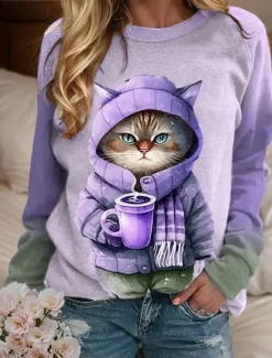 Hot Women's Sweatshirt Pullover Cat Casual Sports Active Sportswear Round Neck Long Sleeve Top Micro-elastic Fall & Winter Comfrt Breathable Soft Fabric Women Hoodies & Sweatshirts