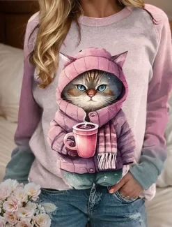 Hot Women's Sweatshirt Pullover Cat Casual Sports Active Sportswear Round Neck Long Sleeve Top Micro-elastic Fall & Winter Comfrt Breathable Soft Fabric Women Hoodies & Sweatshirts