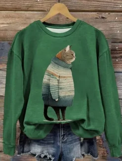 Best Women's Sweatshirt Pullover Cat Casual Sports Print Active Sportswear Round Neck Long Sleeve Top Micro-elastic Fall & Winter Comfrt Breathable Soft Fabric Women Hoodies & Sweatshirts