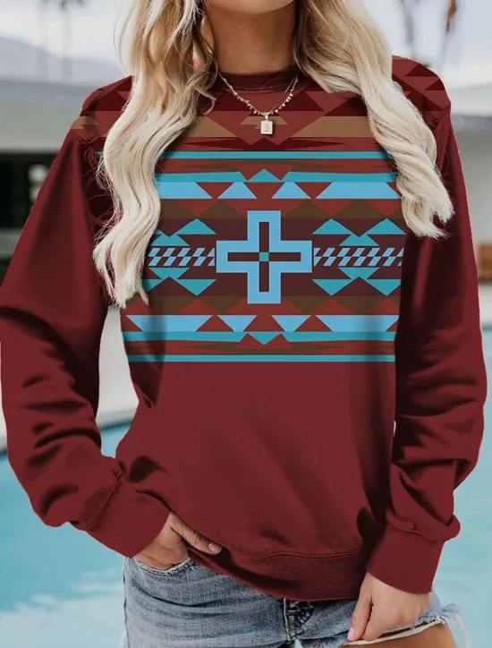 Online Women's Sweatshirt Pullover Geometric Aztecs Street Casual Vintage Sports Ethnic Round Neck Long Sleeve Top Micro-elastic Fall & Winter Comfrt Breathable Soft Fabric Women Hoodies & Sweatshirts
