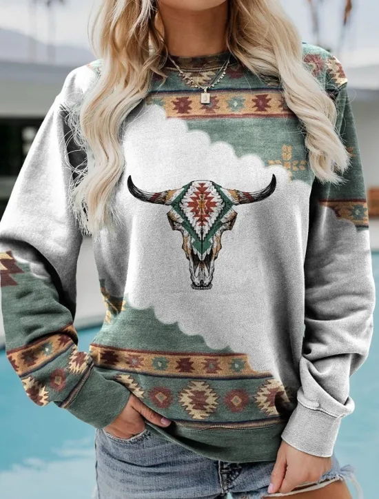 Online Women's Sweatshirt Pullover Geometric Aztecs Street Casual Vintage Sports Ethnic Round Neck Long Sleeve Top Micro-elastic Fall & Winter Comfrt Breathable Soft Fabric Women Hoodies & Sweatshirts