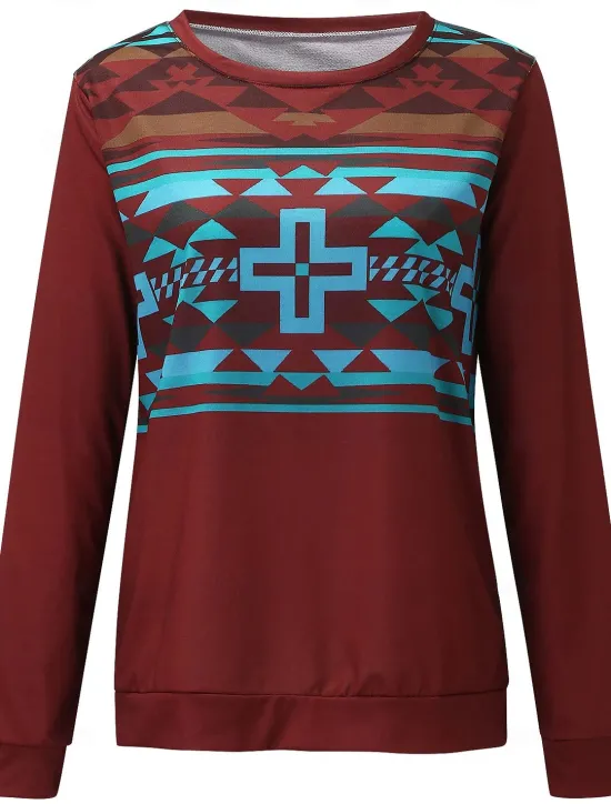 Online Women's Sweatshirt Pullover Geometric Aztecs Street Casual Vintage Sports Ethnic Round Neck Long Sleeve Top Micro-elastic Fall & Winter Comfrt Breathable Soft Fabric Women Hoodies & Sweatshirts