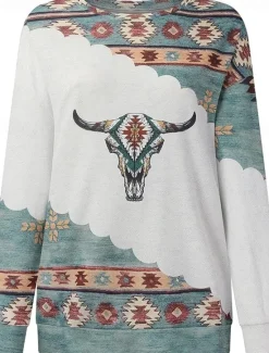 Online Women's Sweatshirt Pullover Geometric Aztecs Street Casual Vintage Sports Ethnic Round Neck Long Sleeve Top Micro-elastic Fall & Winter Comfrt Breathable Soft Fabric Women Hoodies & Sweatshirts