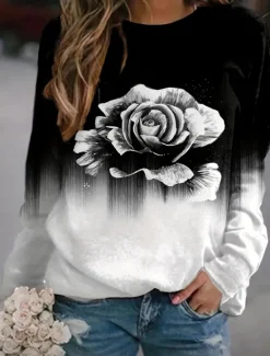 Discount Women's Sweatshirt Rose Street Dailywear Print Casual Crew Neck Long Sleeve Micro-elastic Fall Winter Comfrt Breathable Soft Fabric Women Hoodies & Sweatshirts