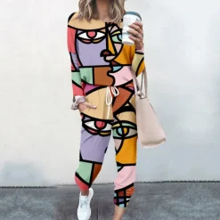 Best Women's Sweatshirt Tracksuit Pants Sets Streetwear Cinched Blue Yellow Going out Casual Daily Graphic Abstract Drawstring Print Crew Neck S M L XL XXL Women Two Piece Sets