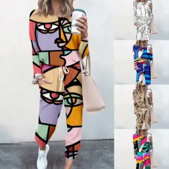 Best Women's Sweatshirt Tracksuit Pants Sets Streetwear Cinched Blue Yellow Going out Casual Daily Graphic Abstract Drawstring Print Crew Neck S M L XL XXL Women Two Piece Sets