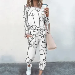 Best Women's Sweatshirt Tracksuit Pants Sets Streetwear Cinched Blue Yellow Going out Casual Daily Graphic Abstract Drawstring Print Crew Neck S M L XL XXL Women Two Piece Sets