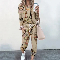 Best Women's Sweatshirt Tracksuit Pants Sets Streetwear Cinched Blue Yellow Going out Casual Daily Graphic Abstract Drawstring Print Crew Neck S M L XL XXL Women Two Piece Sets