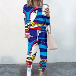 Best Women's Sweatshirt Tracksuit Pants Sets Streetwear Cinched Blue Yellow Going out Casual Daily Graphic Abstract Drawstring Print Crew Neck S M L XL XXL Women Two Piece Sets