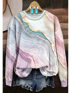 Outlet Women's Sweatshirt Vintage Fashion Print Graphic Tie Dye Home Casual Sports Round Neck Patchwork Print Long Sleeve Fall & Winter Women Women's Tops|Hoodies & Sweatshirts