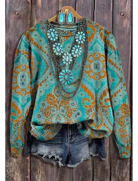 Sale Women's Sweatshirt Vintage Fashion Ethnic Graphic Tie Dye Tribal Home Party Casual Round Neck Patchwork Print Long Sleeve Winter Fall & Winter Women Hoodies & Sweatshirts