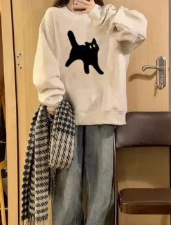 Clearance Women's Sweatshirts Cat Casual Long Sleeve Crew Neck Regular Tops Street Dailywear Print White Beige Gray Fall Winter Women Hoodies & Sweatshirts