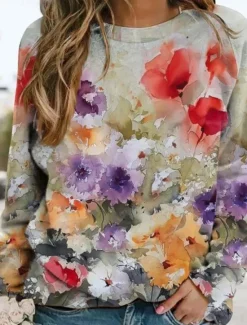 Women's Sweatshirts Floral Graphic Warm Romantic Casual Long Sleeve Crew Neck Round Neck Regular Tops Home Street Dailywear Print Spring Fall Winter Women Hoodies & Sweatshirts