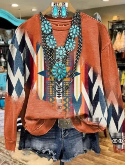 Outlet Women's Sweatshirts Graphic Geometric Casual Long Sleeve Crew Neck Regular Tops Street Dailywear Print Blue Orange Brown Fall Winter Women Hoodies & Sweatshirts