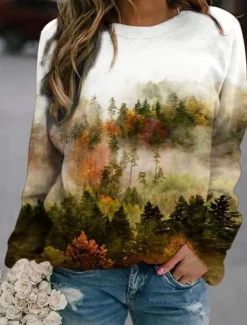 Hot Women's Sweatshirts Graphic Casual Long Sleeve Crew Neck Regular Tops Street Dailywear Casual Print Blue Brown Green Light Blue Spring Fall Winter Women Hoodies & Sweatshirts