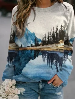 Hot Women's Sweatshirts Graphic Casual Long Sleeve Crew Neck Regular Tops Street Dailywear Casual Print Blue Brown Green Light Blue Spring Fall Winter Women Hoodies & Sweatshirts