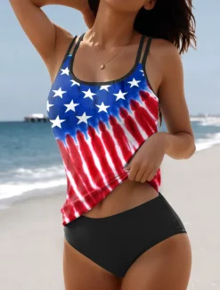 Clearance Women's Swimsuit Patriotic Tankini American Flag Print Scoop Neck Strappy Top Red White Beachwear Quick-Dry Stretch Fit Summer Women Independence Day Swimwear