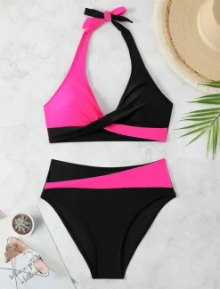 Outlet Women's Swimsuits Bikini 2 Piece Cheeky Swimsuit Backless Vacation Beach Wear Solid Color Halter Neck Sleeveless Bathing Suits Women Bikinis