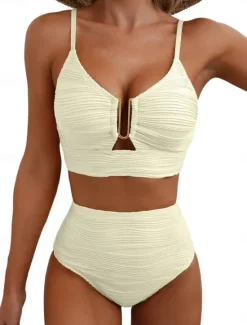 Clearance Women's Swimsuits Bikini 2 Piece Briefs Swimsuit Backless Slim High Waisted Vacation Beach Wear Solid Color V Neck Sleeveless Bathing Suits Women Bikinis