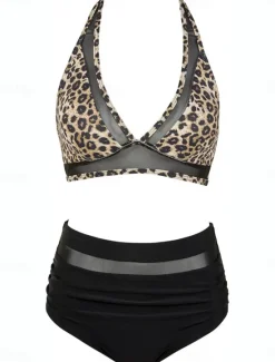 Sale Women's Swimsuits Bikini 2 Piece Briefs Swimsuit Backless Slim Vacation Beach Wear Leopard V Neck Sleeveless Bathing Suits Women Bikinis|Leopard Swimwear