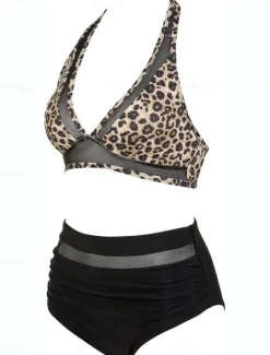 Sale Women's Swimsuits Bikini 2 Piece Briefs Swimsuit Backless Slim Vacation Beach Wear Leopard V Neck Sleeveless Bathing Suits Women Bikinis|Leopard Swimwear