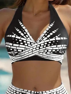 Clearance Women's Swimsuits Bikini 2 Piece Cheeky Swimsuit Backless Vacation Beach Wear Geometric Halter Neck Sleeveless Bathing Suits Women Bikinis