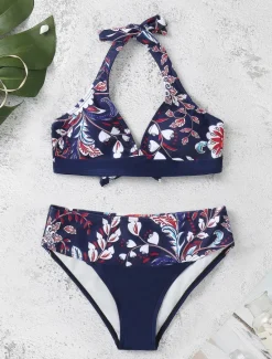 Hot Women's Swimsuits Bikini 2 Piece Cheeky Swimsuit Halter 2 Piece Open Back Sexy Tropical Sexy Floral V Wire Sleeveless Bathing Suits Women Bikinis