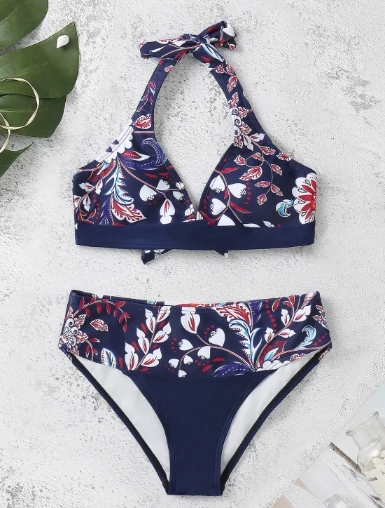 Hot Women's Swimsuits Bikini 2 Piece Cheeky Swimsuit Halter 2 Piece Open Back Sexy Tropical Sexy Floral V Wire Sleeveless Bathing Suits Women Bikinis