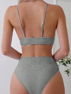 Hot Women's Swimsuits Bikini 2 Piece Cheeky Swimsuit Backless Vacation Beach Wear Striped V Neck Sleeveless Bathing Suits Women Bikinis