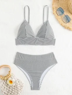 Hot Women's Swimsuits Bikini 2 Piece Cheeky Swimsuit Backless Vacation Beach Wear Striped V Neck Sleeveless Bathing Suits Women Bikinis