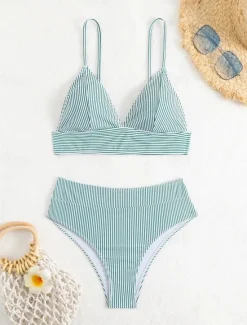 Hot Women's Swimsuits Bikini 2 Piece Cheeky Swimsuit Backless Vacation Beach Wear Striped V Neck Sleeveless Bathing Suits Women Bikinis