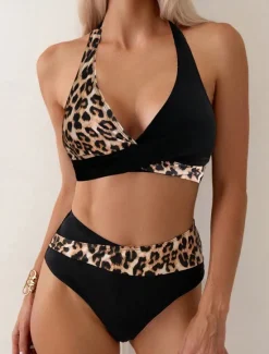 Clearance Women's Swimsuits Bikini 2 Piece Cheeky Swimsuit Backless Vacation Beach Wear Leopard Halter Neck Sleeveless Bathing Suits Women Leopard Swimwear|Bikinis