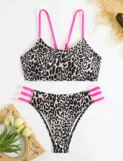 New Women's Swimsuits Bikini 2 Piece Cheeky Swimsuit Backless Slim Vacation Beach Wear Leopard Scoop Neck Sleeveless Bathing Suits Women Bikinis|Leopard Swimwear