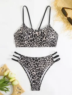New Women's Swimsuits Bikini 2 Piece Cheeky Swimsuit Backless Slim Vacation Beach Wear Leopard Scoop Neck Sleeveless Bathing Suits Women Bikinis|Leopard Swimwear