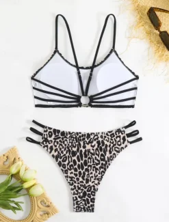 New Women's Swimsuits Bikini 2 Piece Cheeky Swimsuit Backless Slim Vacation Beach Wear Leopard Scoop Neck Sleeveless Bathing Suits Women Bikinis|Leopard Swimwear