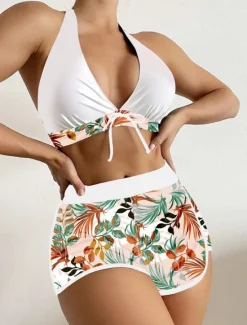 Discount Women's Swimsuits Bikini 2 Piece Shorts Swimsuit Backless Slim Vacation Beach Wear Floral Halter Neck Sleeveless Bathing Suits Women Bikinis