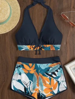 Discount Women's Swimsuits Bikini 2 Piece Shorts Swimsuit Backless Slim Vacation Beach Wear Floral Halter Neck Sleeveless Bathing Suits Women Bikinis