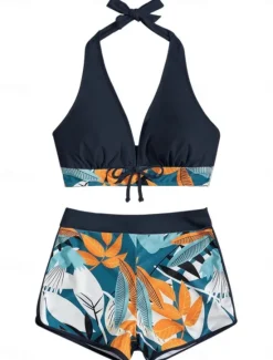 Discount Women's Swimsuits Bikini 2 Piece Shorts Swimsuit Backless Slim Vacation Beach Wear Floral Halter Neck Sleeveless Bathing Suits Women Bikinis