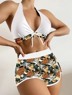 Discount Women's Swimsuits Bikini 2 Piece Shorts Swimsuit Backless Slim Vacation Beach Wear Floral Halter Neck Sleeveless Bathing Suits Women Bikinis