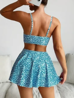 Best Women's Swimsuits Bikini Three Piece Skirt Swimsuit Backless Slim Vacation Beach Wear Floral V Neck Sleeveless Bathing Suits Women Bikinis