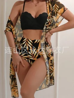 New Women's Swimsuits Bikini Three Piece Briefs Swimsuit Backless Tummy Control High Waist Slim Vacation Beach Wear Leaves V Neck Long Sleeve Bathing Suits Women Bikinis