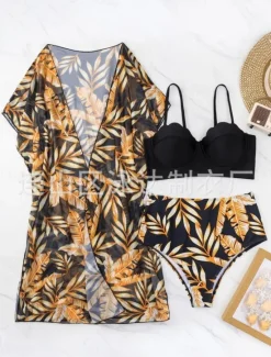 New Women's Swimsuits Bikini Three Piece Briefs Swimsuit Backless Tummy Control High Waist Slim Vacation Beach Wear Leaves V Neck Long Sleeve Bathing Suits Women Bikinis
