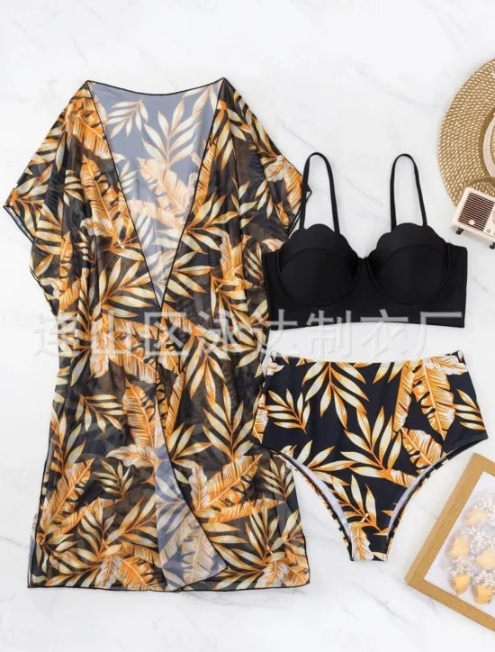 New Women's Swimsuits Bikini Three Piece Briefs Swimsuit Backless Tummy Control High Waist Slim Vacation Beach Wear Leaves V Neck Long Sleeve Bathing Suits Women Bikinis