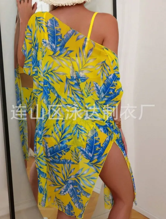 New Women's Swimsuits Bikini Three Piece Briefs Swimsuit Backless Tummy Control High Waist Slim Vacation Beach Wear Leaves V Neck Long Sleeve Bathing Suits Women Bikinis